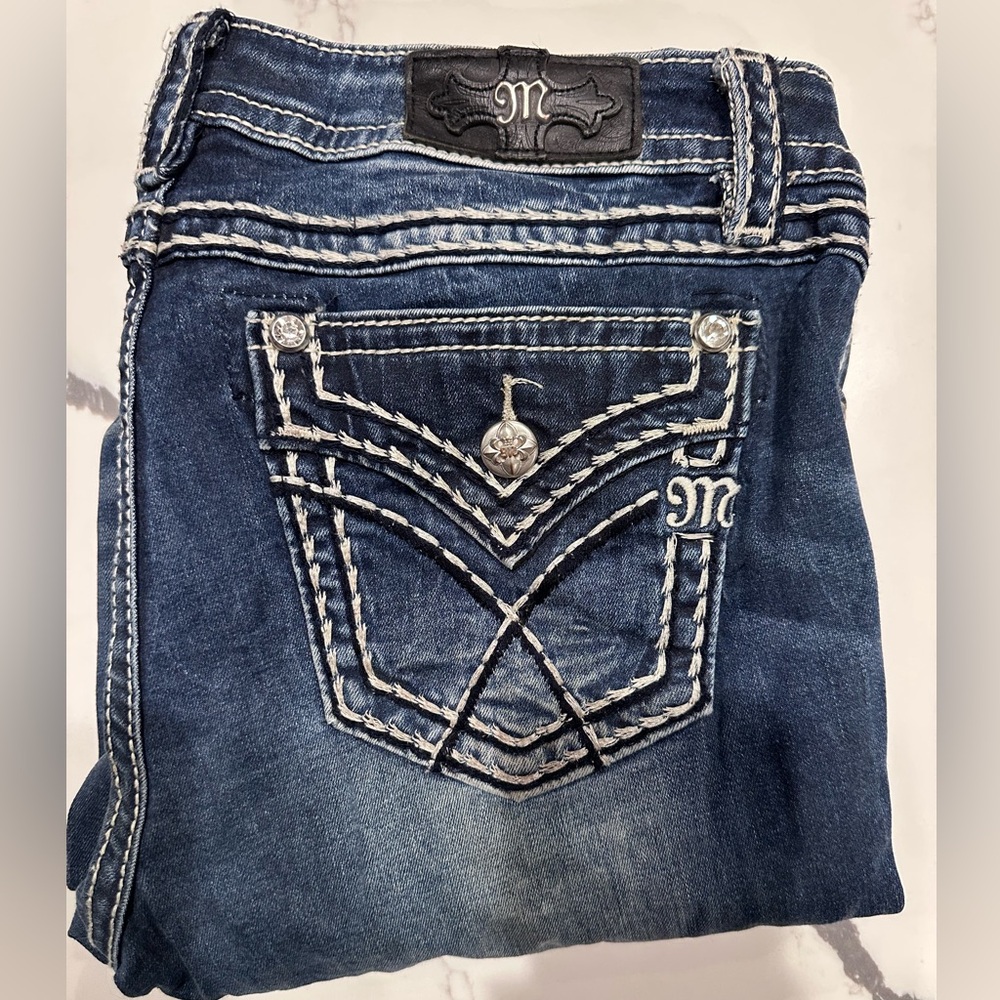 Miss Me Blue Jeans with Decorative Stitching and Distressed Look